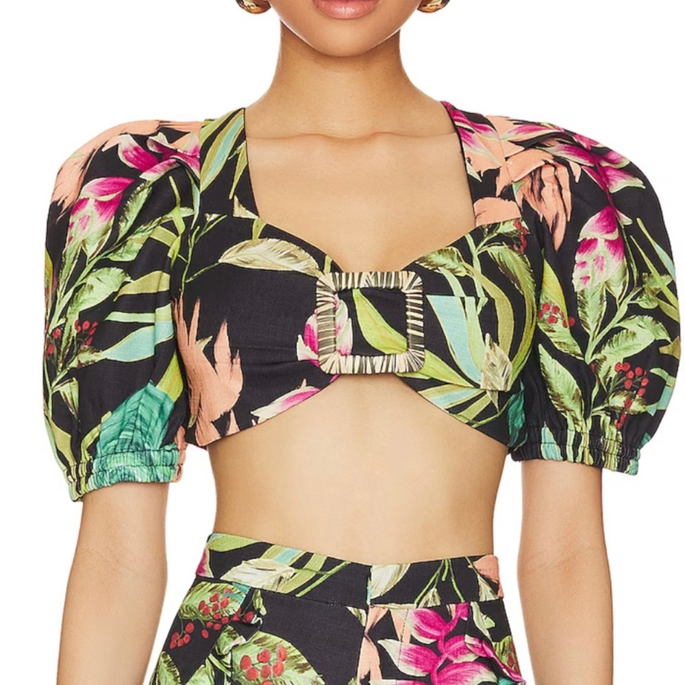 PatBO Tropicalia puff sleeve crop top